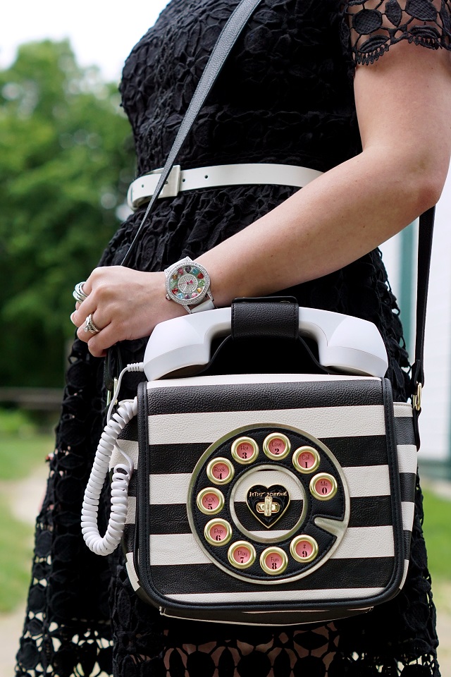 Winnipeg Style, Chicwish black crochet splendid dress, Betsey Johnson phone purse bag black white striped Call me, that